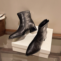 Bottines à bout pointu pour femmes, talon bloc, cuir extensible, embout métallique, fermeture éclair au dos, bottes chaussettes tendance, 3 couleurs
