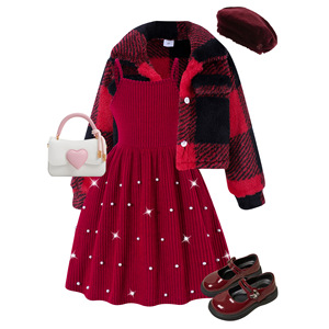 2025 Autumn Vintage <strong>Children</strong> Outfit Wholesale Long Sleeve Plaid <strong>Fur</strong> <strong>Coat</strong> Pearls Knit Sleeveless Dress Girls Kids Winter Clothing - Product Image 1