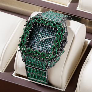 Reloj PIN <span class=keywords><strong>TIME</strong></span> PT2627 de Moda Estilo Hip-Hop para Hombre, Diseño Cuadrado Verde con Diamantes, Resistente al Agua 30M, Luminoso, de Cuarzo - Product Image 1