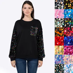 Custom Logo Fleece Sequin Shiny Black Pullover Sweaters Ribbed Crewneck Fall Winter Cotton Sweatshirt