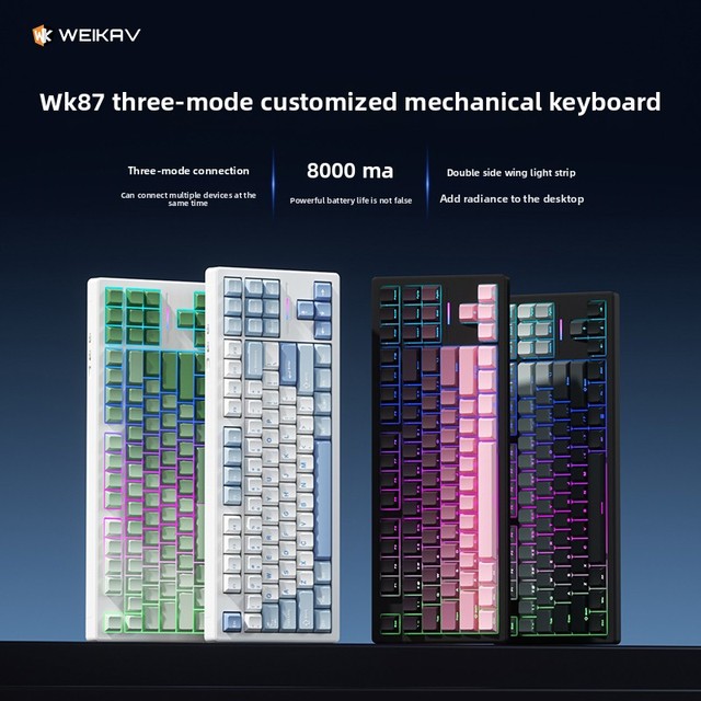 WK87 Series Customized PBT Kailh Mechanical Keyboard 2.4Ghz Wireless Hot-Swappable Tri-Mode RGB Backlit Under-glow Gasket New