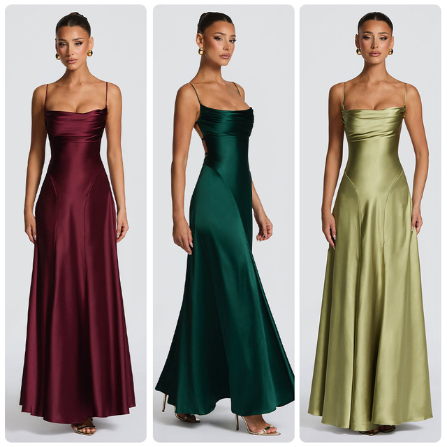 2026 New European American-Style Satin Slip Dress Pencil Silhouette Maxi Length Strap Style Pleated Ruching Square Neckline Sexy