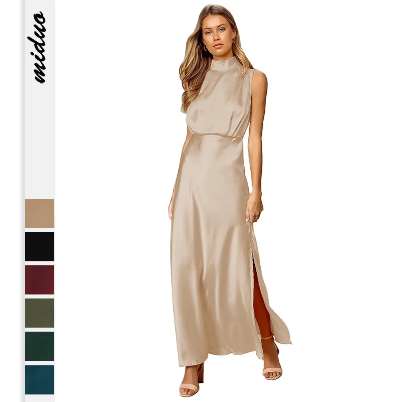 Leise elegante edle Seite Schlitz Tee Länge Cocktail lange Satin Maxi kleid Maxi kleid 2023