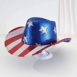 Bandiera del Cowboy della festa nazionale dell'indipendenza 2025 americana per <span class=keywords><strong>Amazon</strong></span> rosso bianco con paillettes a righe con perline a cinque punte con stelle cappello da Cowboy - Product Image 3
