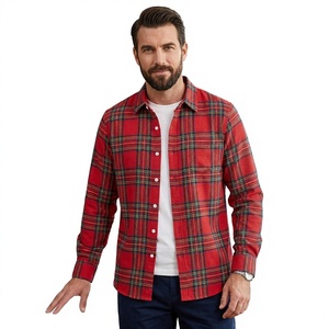 Camisa de Franela a Cuadros Roja para Hombre, Manga Larga, Corte Regular, 100% Algodón, Cuello Clásico, para Otoño, Popelina 100 - Product Image 1
