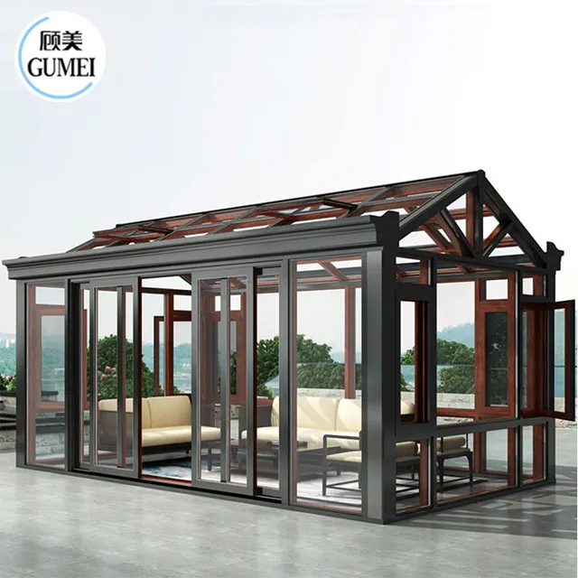 Customized Aluminium Winter Garden Sun Room Green Glass House Free Standing Sunroom For Villa