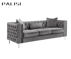 Divano americano in stile postmoderno in velluto grigio trapuntato divano a 3 posti in stile costero diretto in fabbrica