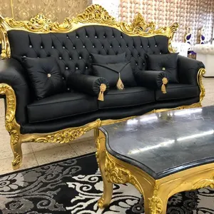 Royal antique carved wood furniture luxury palace gold classic designer genuine leather sectional sofa set furniture living room