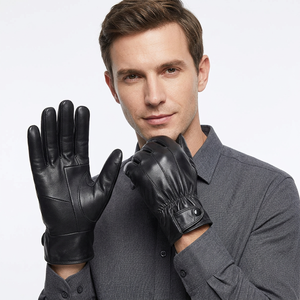 Black Leather Sheepskin Touchscreen Winter <b>Gloves</b> Warm Wrist Length <b>Men</b> <b>Driving</b> Outdoor Casual Wear - Product Image 4