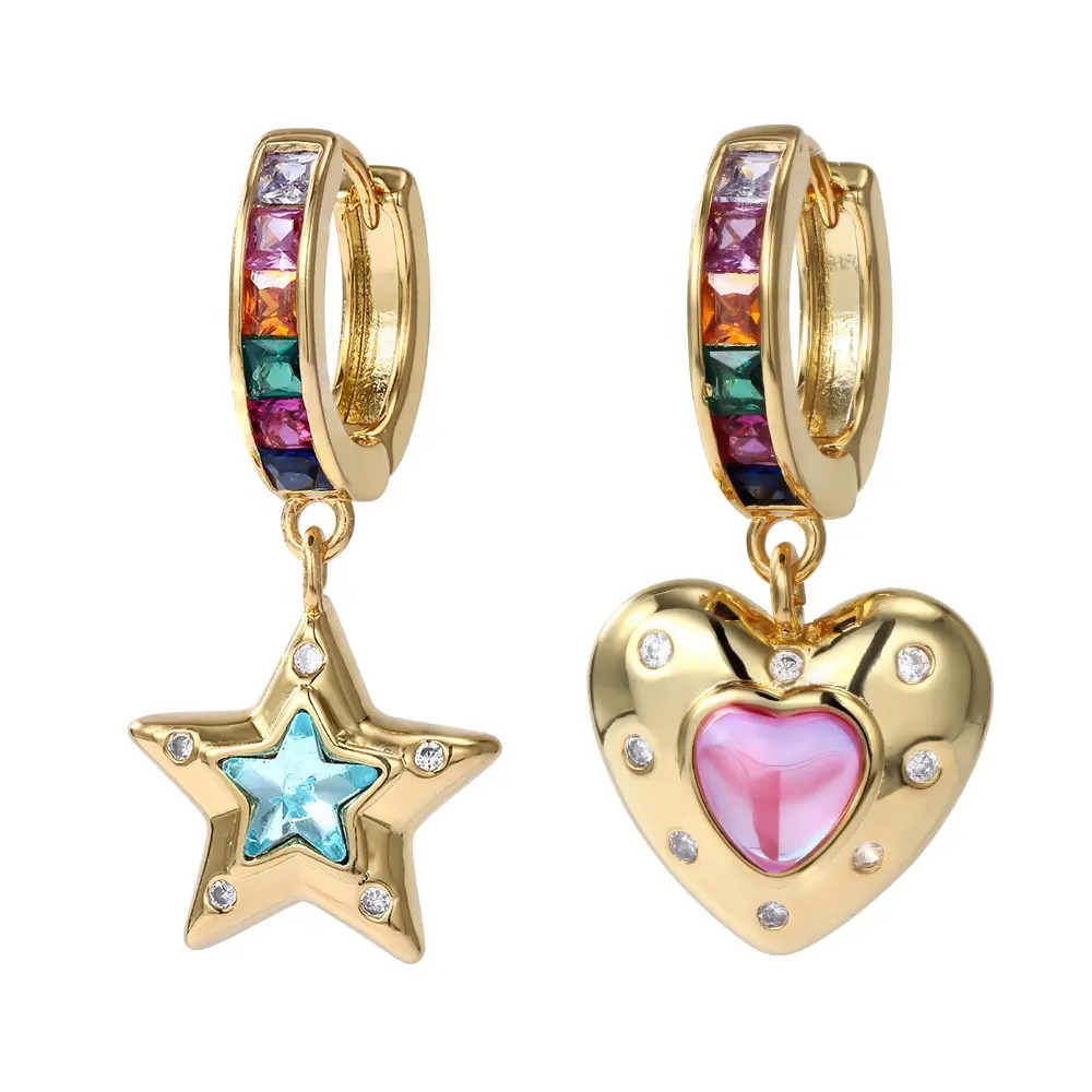 Ins Schmuck Gelbgold plattiert Asymmetrische bunte kubische Zirkon Stern Herz Charm Creolen