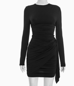 Viviblook D25DS500 Robes pour femmes Nouvelle robe mini moulante plissée à ruban de couleur unie sexy à manches longues pour femmes - Product Image 1