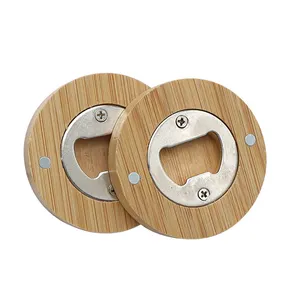 Apribottiglie rotondo in bambù adesivo magnetico frigorifero apribottiglie per birra in acciaio inossidabile Logo personalizzato