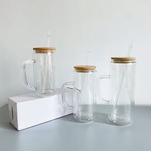 Pre-drilled 12oz 15oz 20oz Double Walled Crystal clear <b>Glass</b> Snow Globe Glitter <b>Tumbler</b> with Handle and clear Plastic Straw - Product Image 1