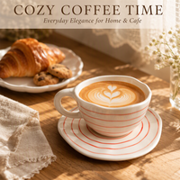 Ensemble tasse à café et soucoupe en céramique rayée rouge peinte à la main, 280 ml, tasse ondulée irrégulière pour latte, thé, vaisselle de table pour la maison et le café