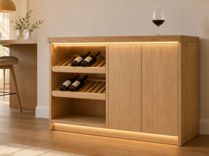 Meuble bar en bois finition chêne moderne avec portes coulissantes et casier à vin intégré pour salon ou bar à domicile - Product Image 2