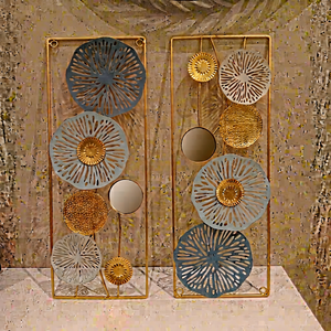 Modern 2-Piece Rectangular Frame Metal Flower Wall Art Set | Light Blue & <b>Gold</b> Lotus Leaf Panel Wall Hanging <b>Sculpture</b> - Product Image 1