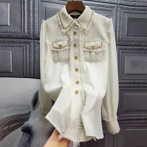 Wholesale 2022 Spring New Fashion Simple Coat Chain Gold Wire Woven Tweed Coat Splicing Temperament women Coat