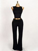 Viviblook Z304ST03 Conjunto de Dos Piezas para Mujer, Verano, Color Sólido, Bordado, Top Corto sin Mangas, Pantalones Acampanados, Casual, Talla Grande