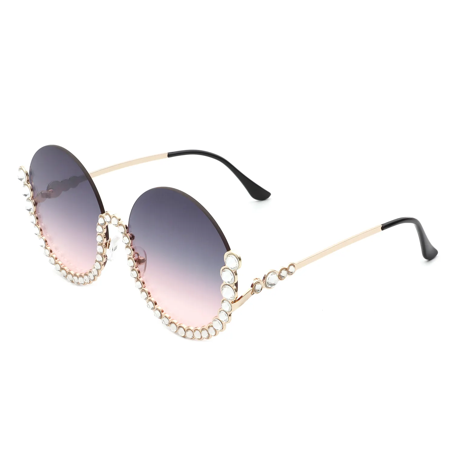 2023 New arrival diamond inlaid semi frame luxury round women sunglasses HJ3015