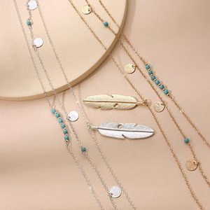 Gioielli alla moda turchese perline piuma paillettes oro e argento placcato multistrato collana - Product Image 4