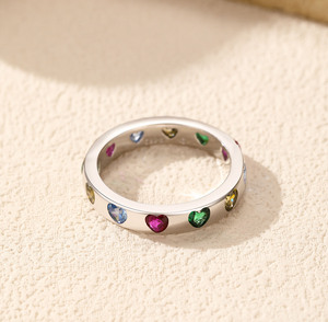 925 Sterling <b>Silver</b> Band Rainbow Heart Cut Cubic Zirconia <b>Eternity</b> Multi-Gemstone Heart <b>Eternity</b> <b>Ring</b> - Product Image 6