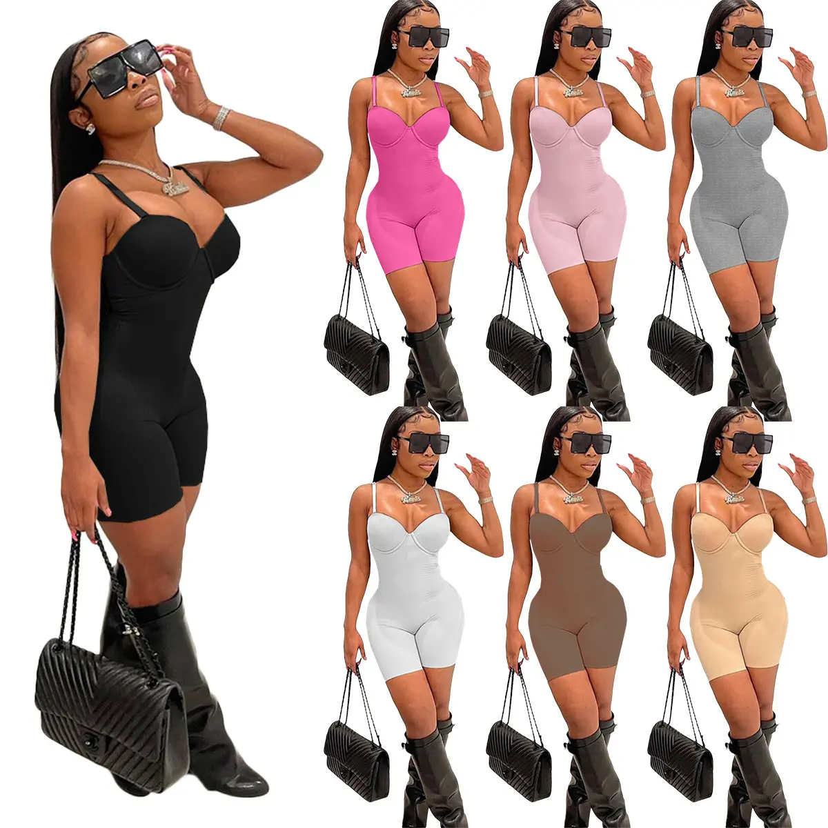2022 Fashionable Solid color sexy jumpsuits elegant sleeveless Suspender package hip slim fit women summer playsuit