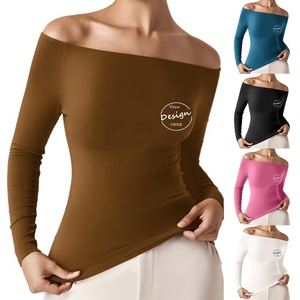Venta al por mayor a granel, nuevo diseño informal, estilo deportivo, cuello Barco, <span class=keywords><strong>hombros</strong></span> descubiertos, camisas para mujer, camisetas de <span class=keywords><strong>manga</strong></span> <span class=keywords><strong>larga</strong></span> ajustadas - Product Image 5