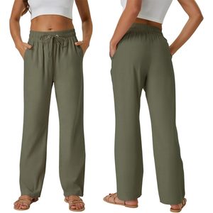Pantalon décontracté en lin pour femme, taille haute, coupe ample avec cordon de serrage, poches latérales, respirant, style droit, idéal pour l'été - Product Image 5