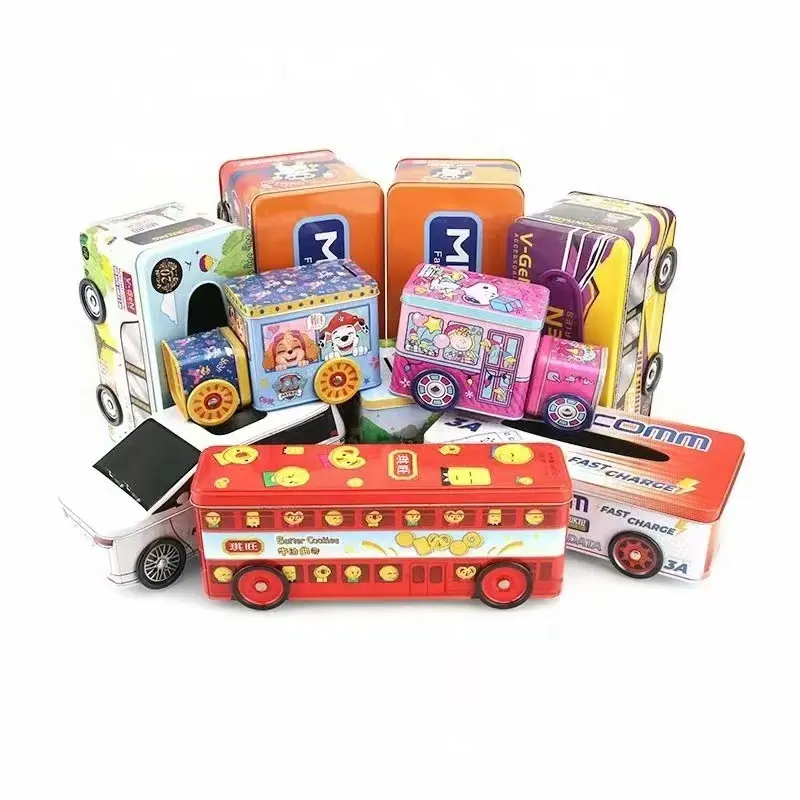 Popular personalizado tren Coche forma caja de lata metal galleta té embalaje latas juguete Kraft regalo cajas de lata