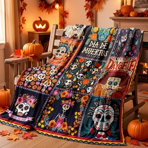Manta con estampado de calavera de azúcar del Día de los Muertos, diseño rectangular para festivales, decoración del hogar, poliéster y algodón, lavable a máquina - Product Image 2