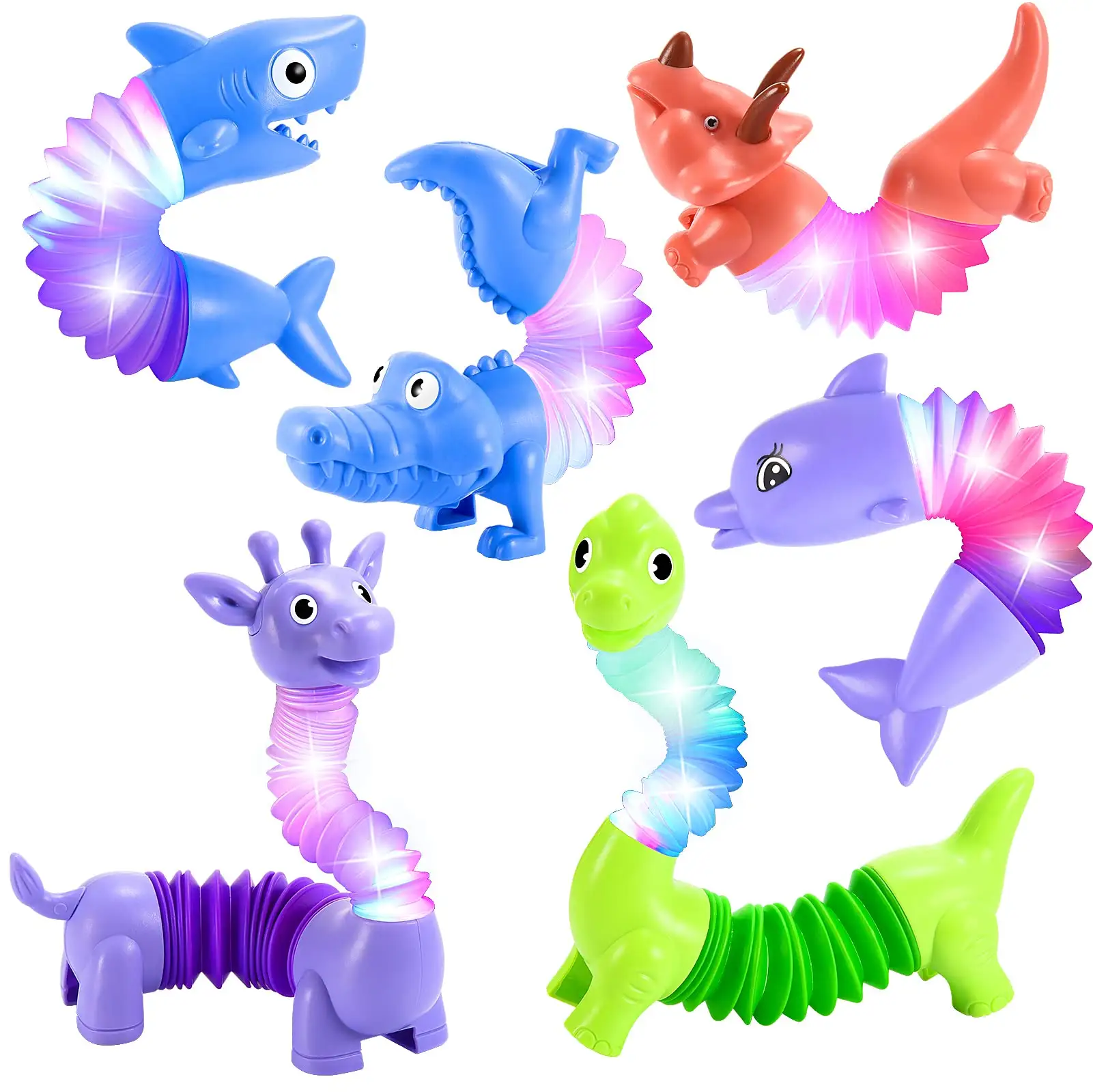 6er Pack LED Animal Pop Tubes für Kinder Tiere Zappeln Kleinkinder Mädchen Jungen Geschenke New Autism Sensory Light Up Party begünstigt Spielzeug