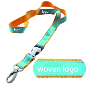 Custom Damask brand Design logo Polyester Durable Double Layer Neck strap jacquard woven embroidery detachable lanyard keychain