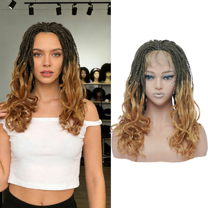 Perruque complète en dentelle transparente réglable de haute qualité, tresses Box Braids, sans colle, avec racine naturelle, pointes ondulées, noir <span class=keywords><strong>blond</strong></span>, 18 pouces, pour femmes - Product Image 1