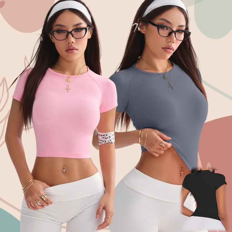 Women's Round Neck Tight Yoga Top Casual Short-Sleeved High Stretch Sport T-Shirt for Running Lady Quick Drying Seamless Gym Top