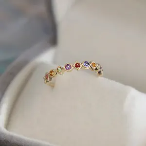 RINNTIN EQR14 Color Chakra Ring 925 Sterling Silver Cubic Zircon Ring Fashion Jewelry Gifts For Women Girls