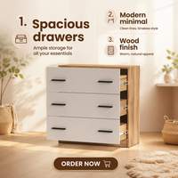 Commode moderne en chêne bicolore à 3 tiroirs avec poignées noires et glissières à billes pour chambre à coucher et projets hôteliers