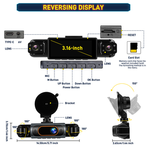 Podofo 3.16'' 1080P Dash Cam Telecamera per Auto con 4 Obiettivi, Registrazione in Loop, Visione Notturna, Sensore G, OEM, Ingrosso - Product Image 5