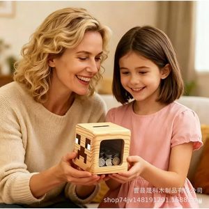 Hucha cuadrada de madera transparente con estante extraíble para guardar monedas, uso doméstico - Product Image 2