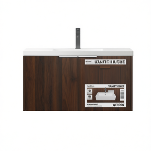 Mueble de Baño Moderno de 36 Pulgadas, Madera Oscura, Puerta con Cierre Suave, Lavabo de Cerámica Montado en la Pared, Diseño Rectangular - Product Image 1