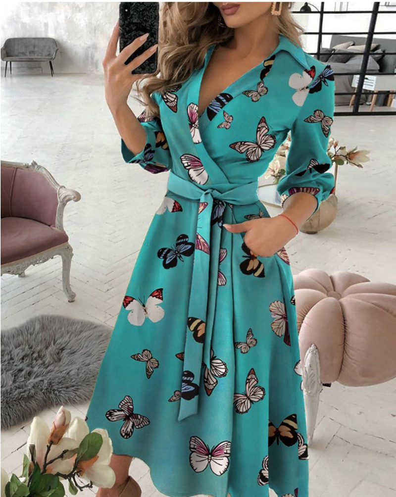 Women lady elegant dresses v neck floral print long sleeve office career dresses women formal work dress
