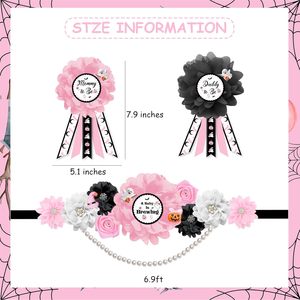 ชุดสายคาดเอวและเข็มกลัดสำหรับงานเลี้ยงฉลองก่อนคลอดสีชมพู-ดำ ลายฮาโลวีน สำหรับคุณแม่และคุณพ่อในอนาคต พร้อมเข็มกลัดรูปท้องเด็ก - Product Image 2