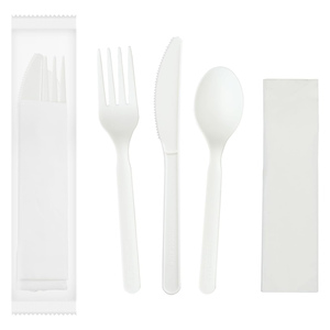 Kit de couverts jetables écologiques biodégradables modernes pour fêtes, fourchettes, cuillères, couteaux en PLA, blanc, sans BPA, emballés dans du papier, personnalisables - Product Image 1