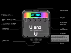 <span class=keywords><strong>VL49</strong></span> <span class=keywords><strong>ulanzi</strong></span> ไฟวิดีโอ LED สี RGB 2500K-9000K 800LUX แม่เหล็กกรอกข้อมูลขนาดเล็ก3 Cold SHOE 2000mAh ชนิด C ไฟกล้อง - Product Image 3