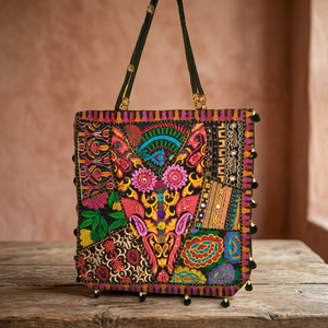 Sac à main vintage multicolore Banjara Hippo avec travail de miroir, mode été, sac à bandoulière, fermeture éclair, broderie en coton, toutes saisons - Product Image 3