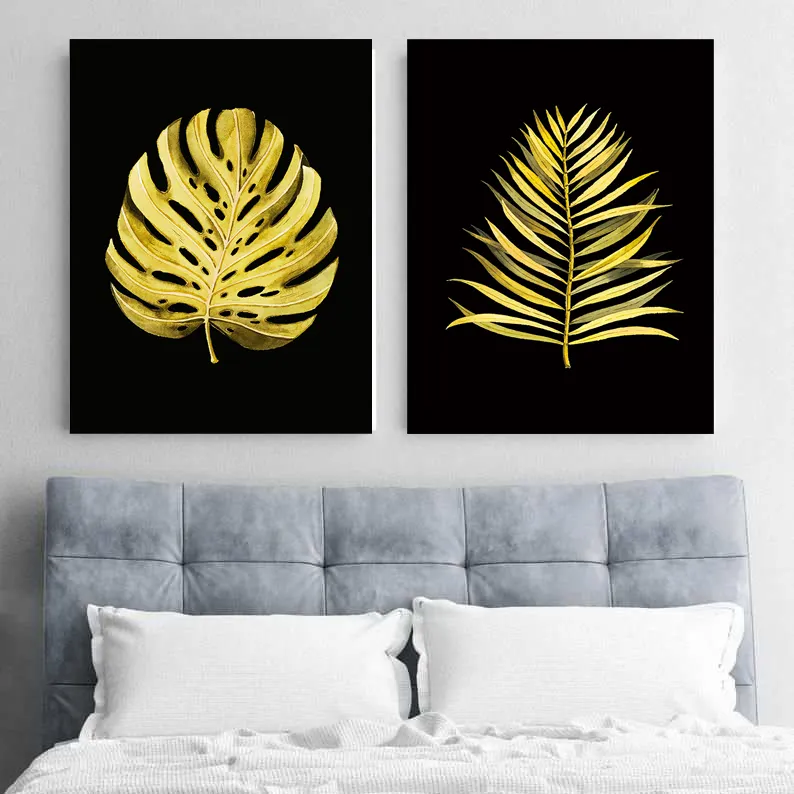 Moderne Scandinavische Stijl Licht Luxe Wall Art Olieverf Home Decor Black Golden Plant Blad Canvas Poster Prints