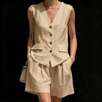 Ensemble décontracté 2 pièces pour femme : Gilet sans manches à col en V et boutonnage simple avec short large à poches