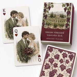 Cartes à jouer personnalisées avec portrait de couple en aquarelle sur le thème du vignoble toscan pour mariage - Product Image 2