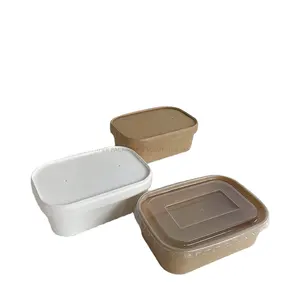 Wholesale Biodegradable Eco-Friendly White Rectangular Kraft Paper Salad Cup Bowl Meal Box Tray with Plastic/Kaft Air Hole Lid