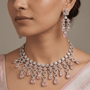 Impresionante conjunto de collar de latón plateado con diamantes americanos y gotas de piedra color melocotón pastel, y pendientes a juego para mujer. - Product Image 4