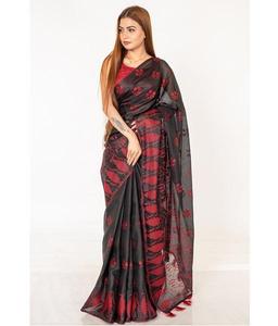 Sari en coton authentique avec de magnifiques broderies florales dorées, tenue ethnique indienne classique pour les festivals, les mariages et les événements. - Product Image 2